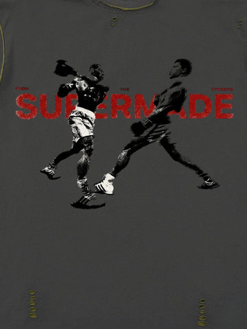 Black Distressed Graphic T-Shirt with Boxing Print – Relaxed Fit Streetwear Tee