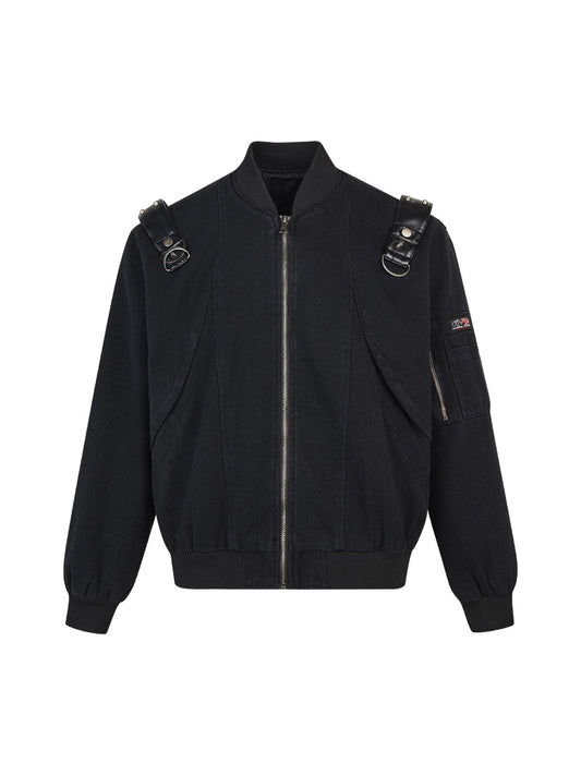 Thesupermade Camouflage Leather Shoulder Pad Denim Bomber Jacket 