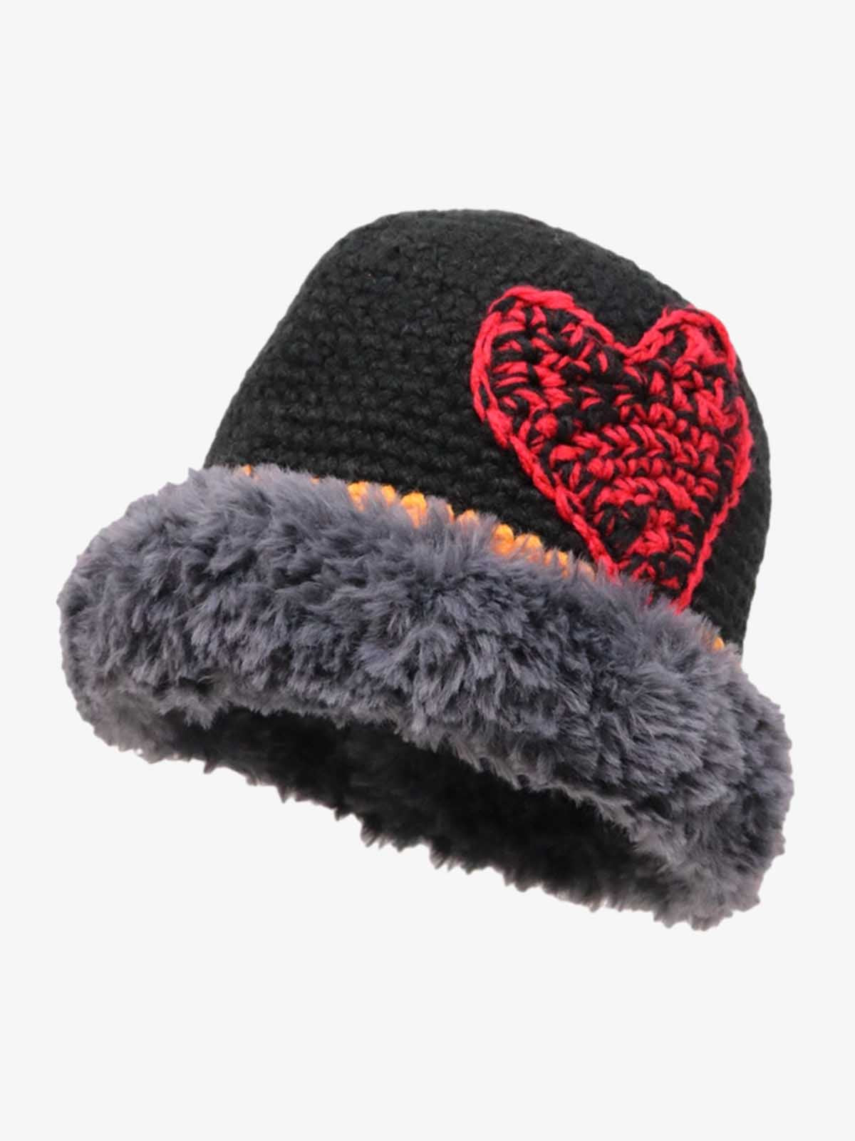 Cozy Heart-Embellished Winter Hat with Faux Fur Trim 