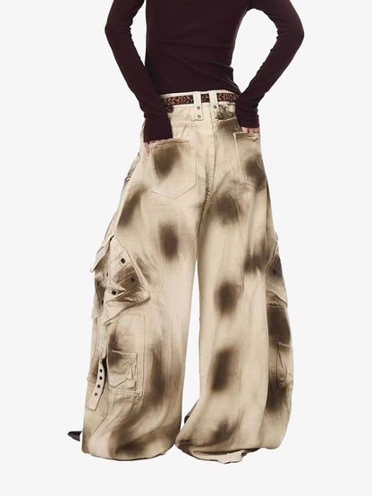 Retro Heavy Wash Gradient Cargo Barrel Jeans 