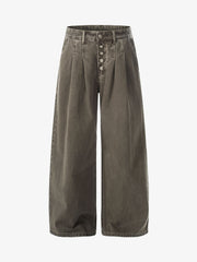Multi-Button Pleated Curved-Leg Jeans