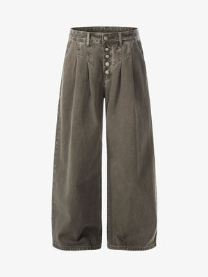 Multi-Button Pleated Curved-Leg Jeans