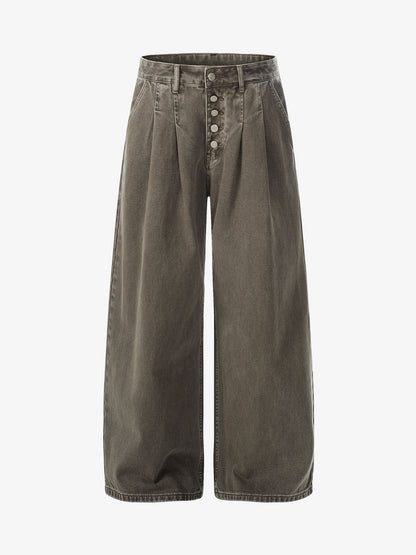 Multi-Button Pleated Curved-Leg Jeans