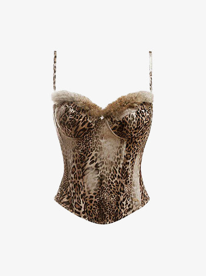 Leopard Fur Trim Fishbone Cami Top