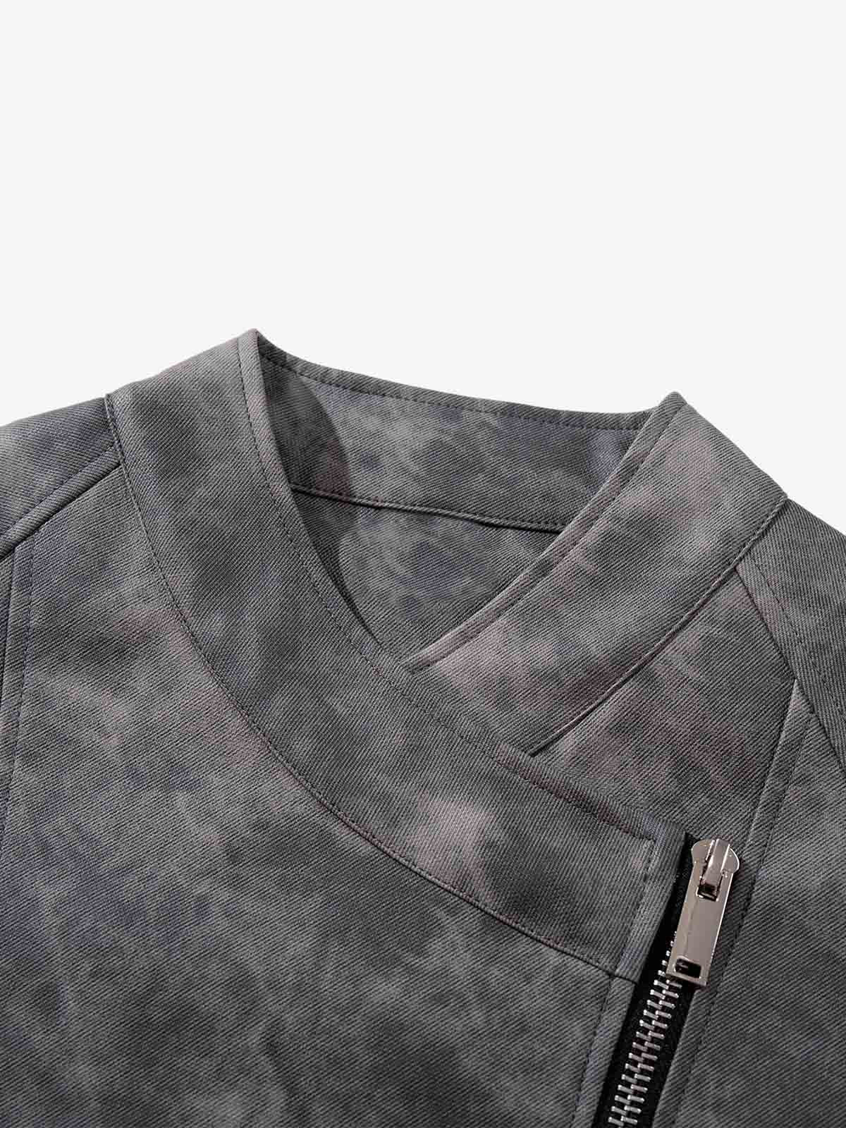Street-style Distressed Slanted Placket PU Leather Jacket
