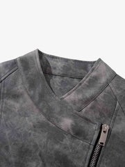 Street-style Distressed Slanted Placket PU Leather Jacket