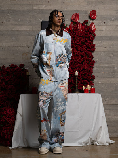 Artistic Denim Jacket and Pants Set - Perfect for Fashion-Forward Streetwear Enthusiasts 