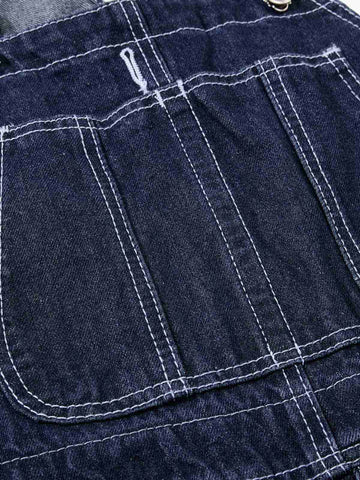Vintage Contrast Stitch Raw Indigo Denim Wide-Leg Overalls 
