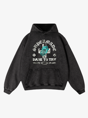Letter Graphic Washed Distressed Hoodie