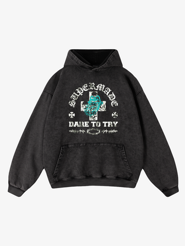 Letter Graphic Washed Distressed Hoodie