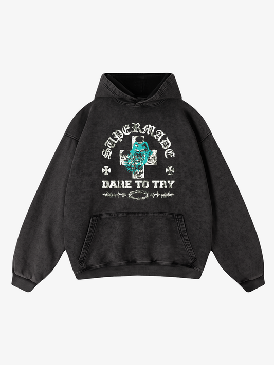 Letter Graphic Washed Distressed Hoodie