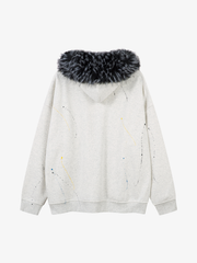 Fur-Trim Paint-Splatter Zip Hoodie