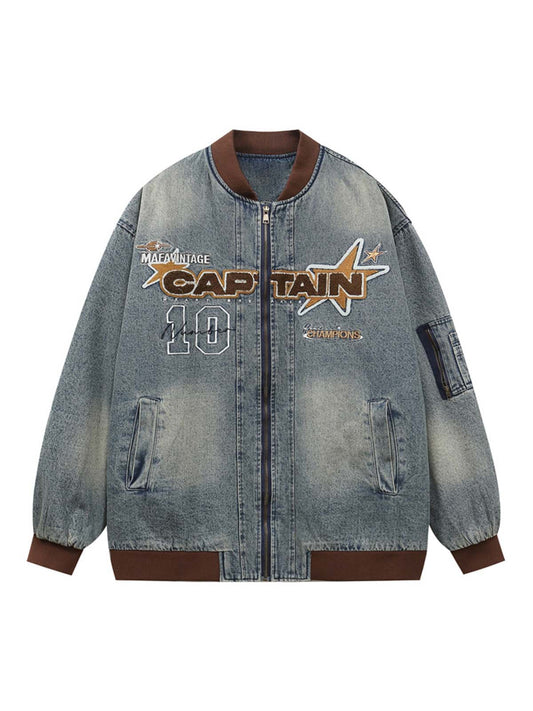 Thesupermade Alphabet Patch Embroidered Quilted Denim Bomber Jacket - 2311 