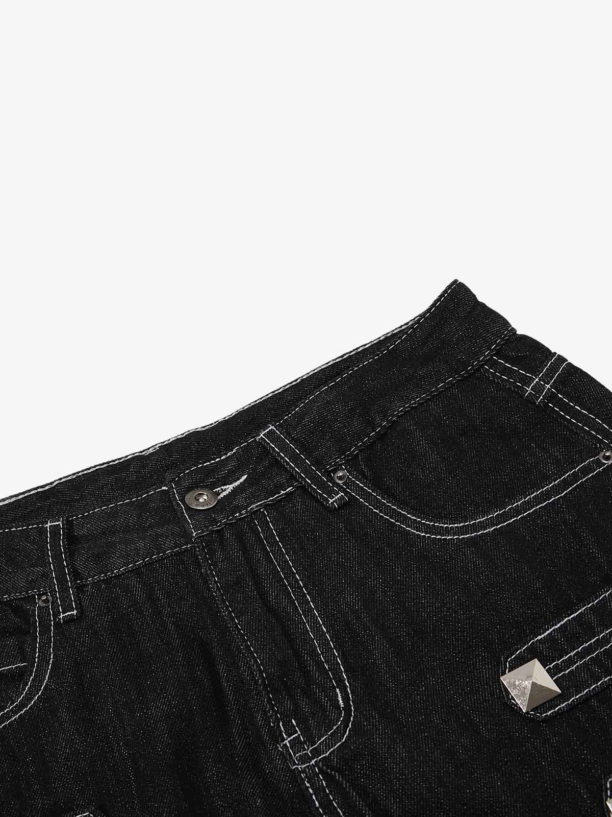 Square Studded Panelled Baggy Jeans 