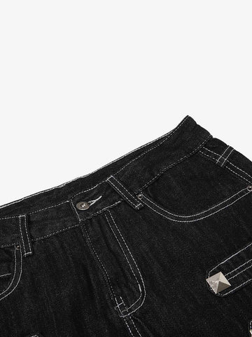 Square Studded Panelled Baggy Jeans 