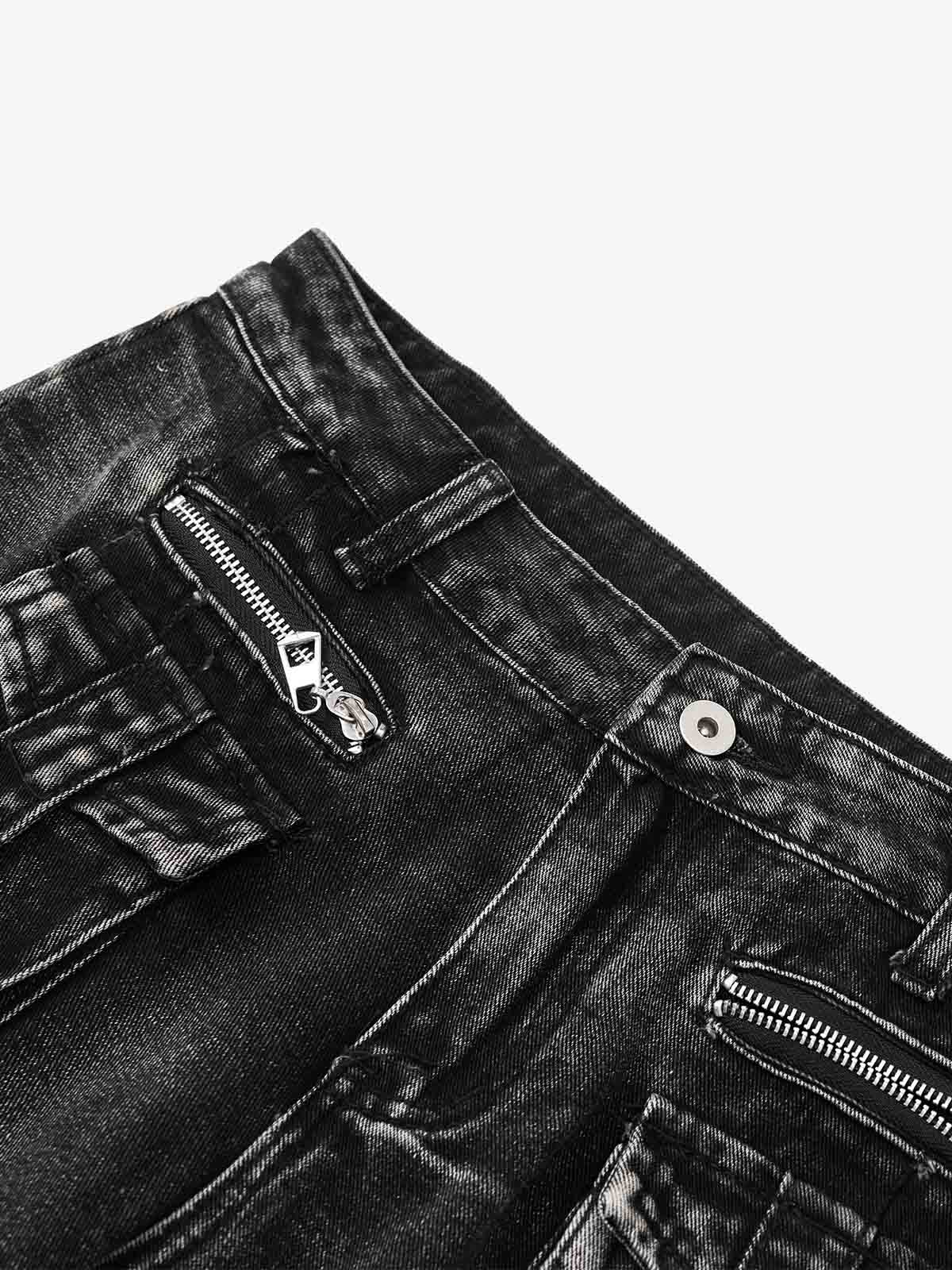 V-Seam Raw Edge Panel Distressed Utility Denim Jeans