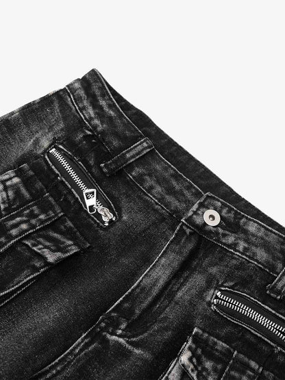 V-Seam Raw Edge Panel Distressed Utility Denim Jeans