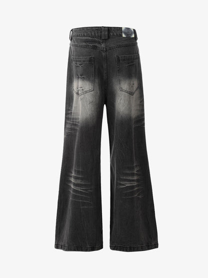 Vintage Washed Distressed Flared Jeans 