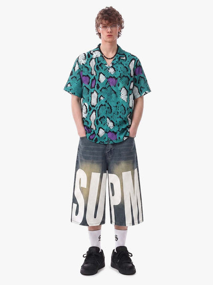 Green Purple Snakeskin Camp Collar Boxy Shirt 