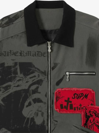 Gothic-Inspired Jacket with Red Patches and Graphic Prints 