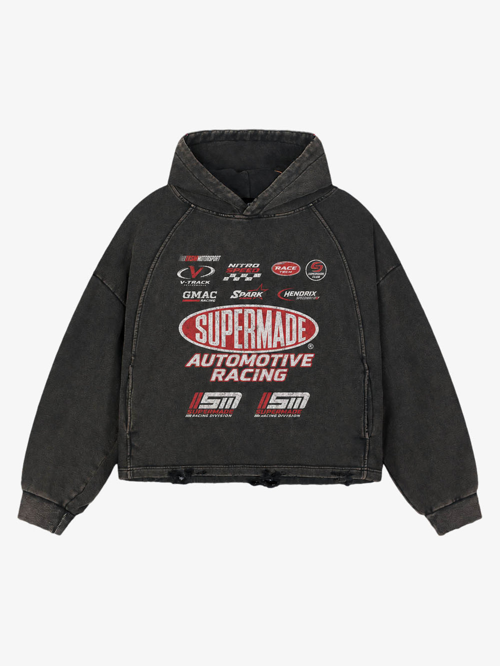 Racing Graphic Acid-Wash Distressed Cropped Hoodie