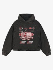 Racing Graphic Acid-Wash Distressed Cropped Hoodie