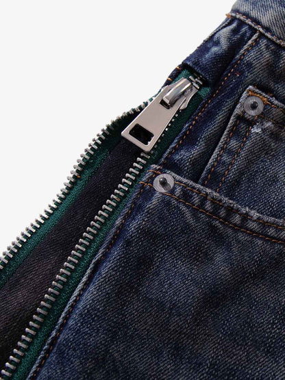 Wide-Leg Denim Jeans with Unique Zipper Design and Graffiti Artwork 