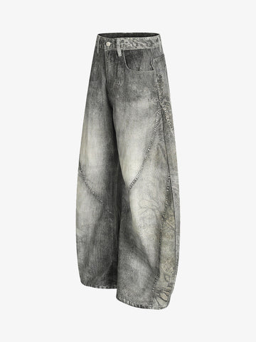 Vintage Heavy Distressed Washed Barrel Jeans 