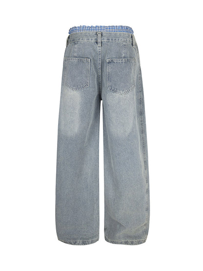Plaid Double Waist Baggy Jeans 