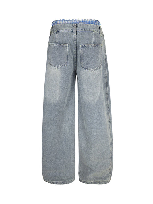 Plaid Double Waist Baggy Jeans 