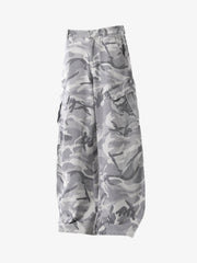 Snow Camouflage Machete Wide-Leg Cargo Barrel Pants - 2548 