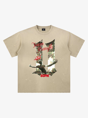 Unisex distressed loose-fitting cotton short-sleeved T-shirts featuring a print of the "11" team strength from the FIFA World Cup and a splatter-wash finish. 