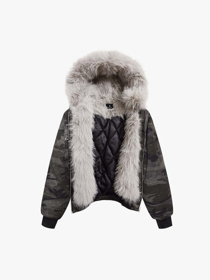 Vintage Camo Faux Fur Hood Padded Bomber Jacket 