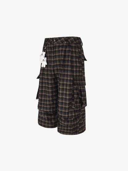 Plaid Cotton Cargo Shorts for Men - Oversized Fit with Multiple Pockets and Elastic Waistband 