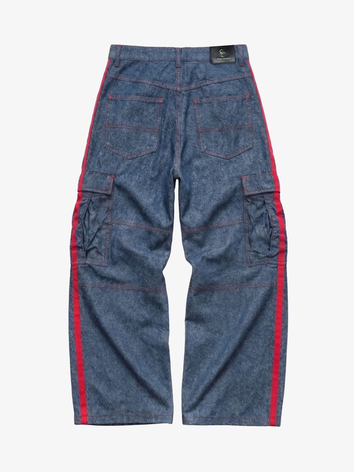 Yellow-Stripe Multi-Pocket Washed Cargo Jeans