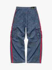 Yellow-Stripe Multi-Pocket Washed Cargo Jeans