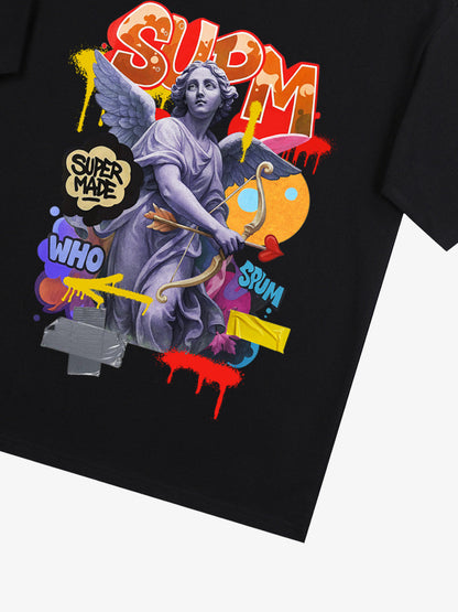 Angel statue and street graffiti mixed pattern T-shirt 