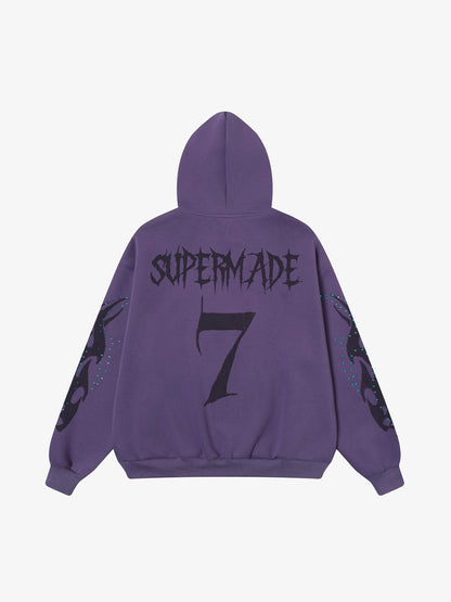 Stylish Purple Hoodie with Unique Flame Design and Rhinestone Accents 