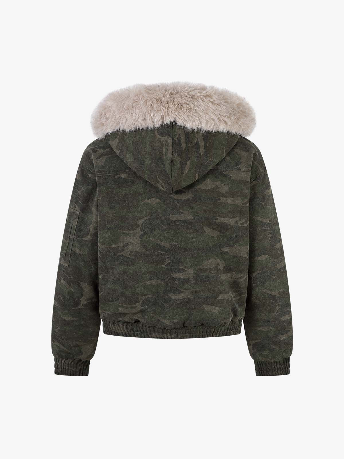 Retro Camo Faux Fur Trim Detachable Hooded Jacket 