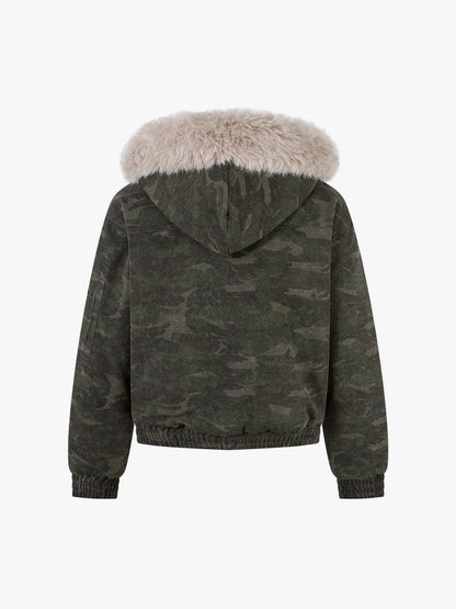 Retro Camo Faux Fur Trim Detachable Hooded Jacket 