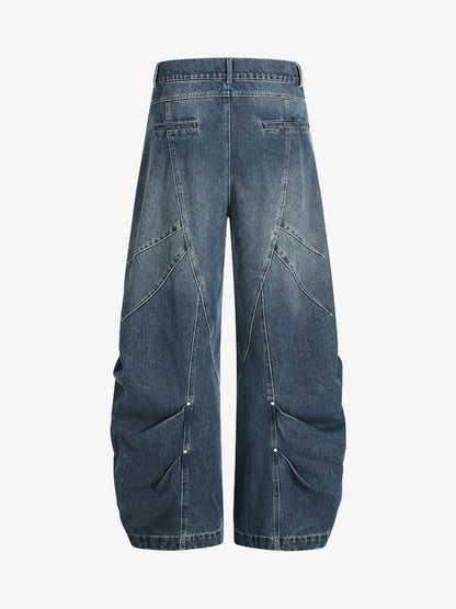 Wide-Leg Denim Trousers with Unique Stitching Design for Women 
