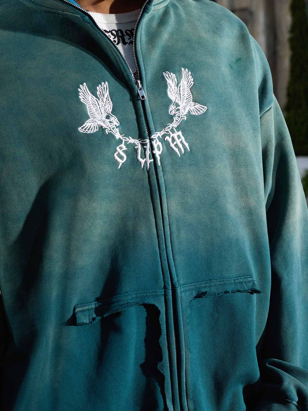 Supermade Gradient Eagle Embroidery Distressed Stand Collar Sweatshirt Jacket 