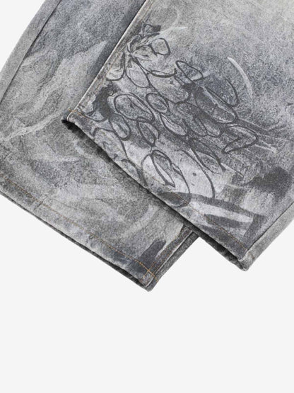 Denim Wide Leg Pants with Graffiti Print High Waist Baggy Style Streetwear Jeans for Men and Women 