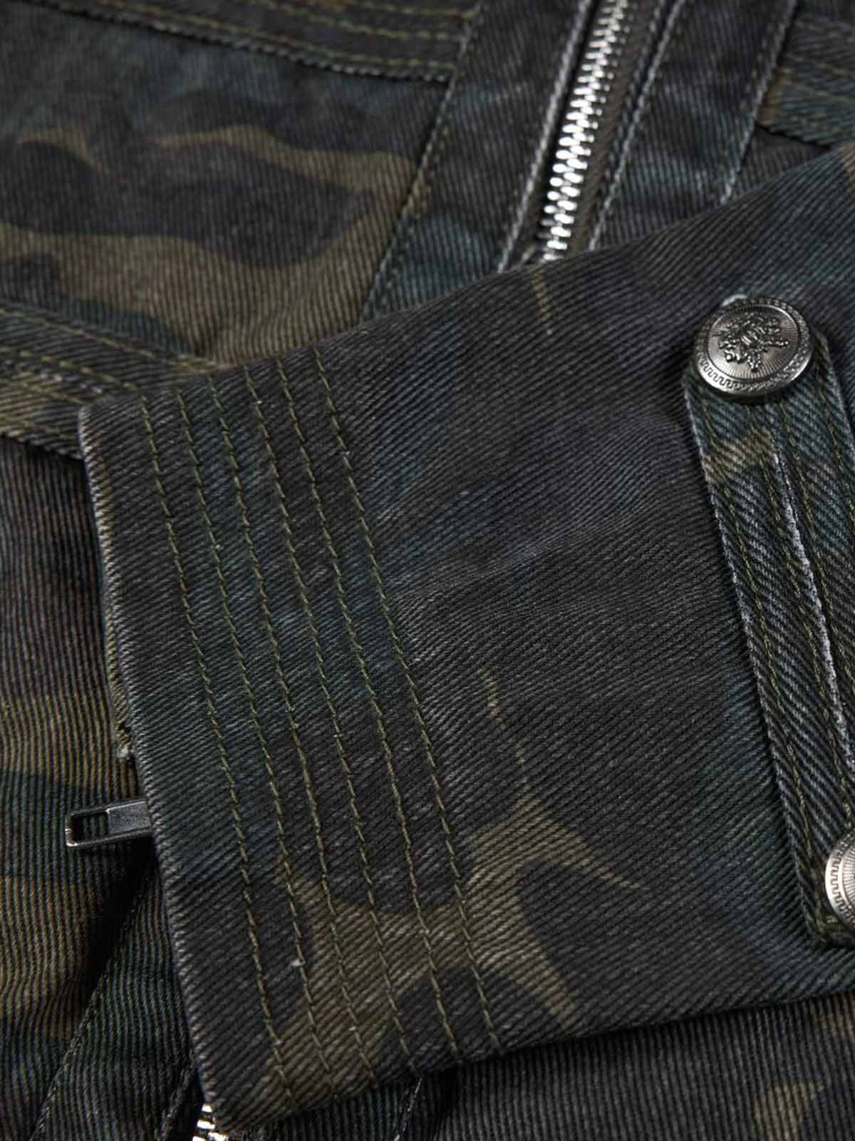 Distressed Camo Snap-Button Stand-Collar Jacket