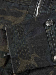 Distressed Camo Snap-Button Stand-Collar Jacket