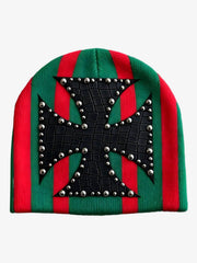 Color Block Studded Cross Gothic Dome Knit Hat