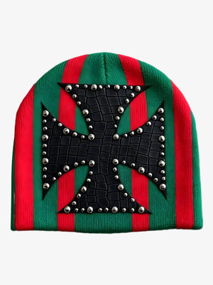 Color Block Studded Cross Gothic Dome Knit Hat