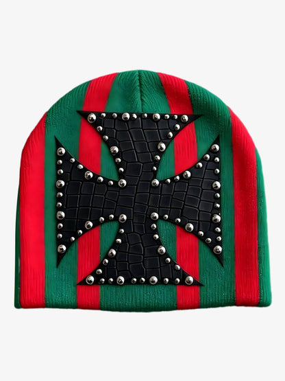 Color Block Studded Cross Gothic Dome Knit Hat