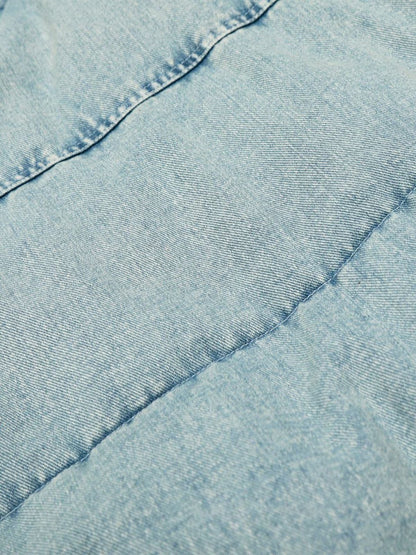 Retro Washed Denim Faux Fur Collar Quilted Jacket 