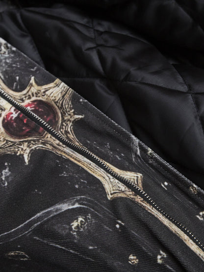 Cross Printed Zip Up Quilted Bomber Jacket 